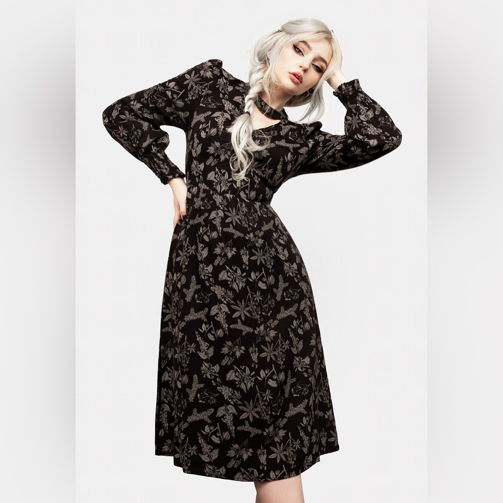 Disturbia Poisonous Plant Puff Sleeve Midi Dress - Size 16